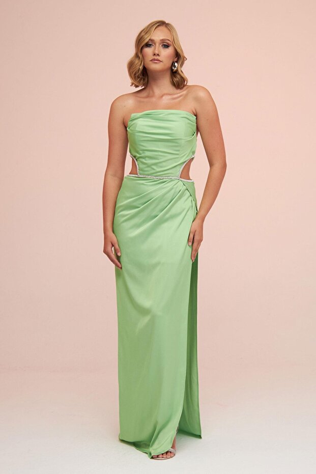 Pistachio Green Satin Strapless Long Evening Dress with Side Slit