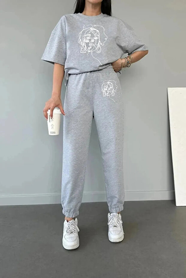 Aesthetic Printed T-Shirt and Jogger T-Shirt - Crew Neck Bottom Top Tracksuit Set