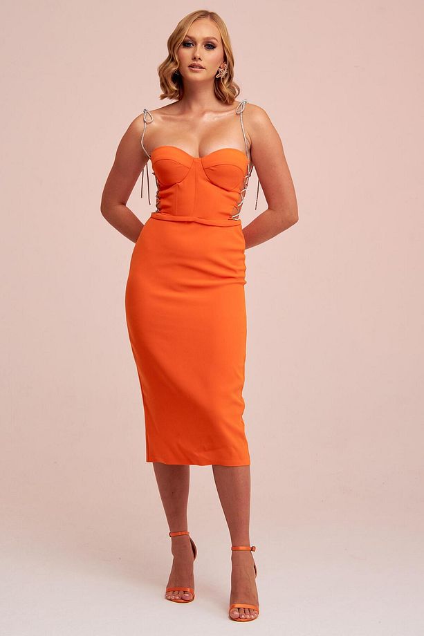 Orange Taş Bağcıklı Midi Krep Abiye Elbise - 5