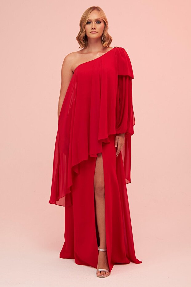 Red One Sleeve Slit Plus Size Chiffon Evening Dress