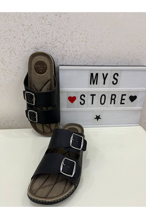 Large Size Soft Leather Orthopedic and Light Sole Double Buckle Adjustable Men's Slippers
