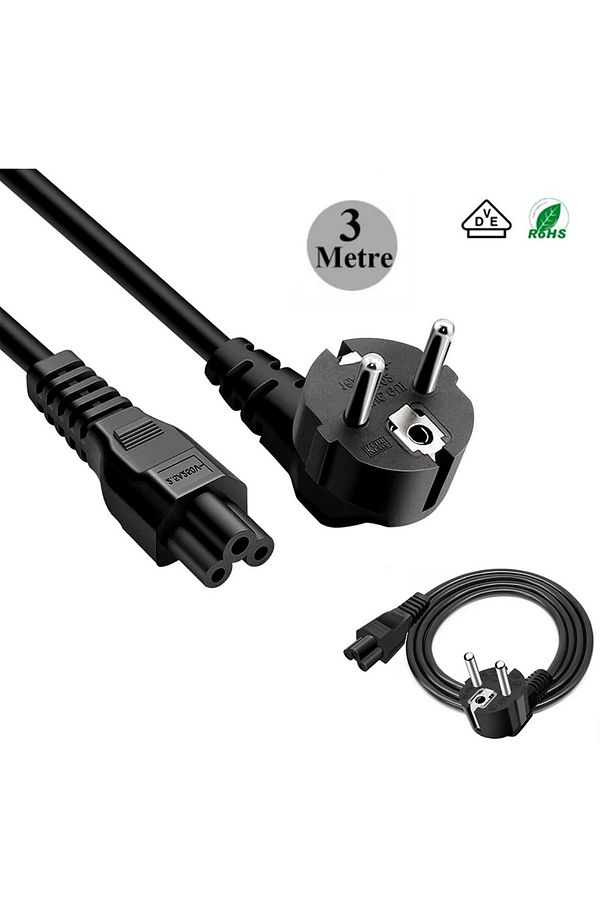 3 Metre Notebook Laptop Şarj Adaptörü C5 3lü Yonca 3 Pinli Dizüstü Bilgisayar Power Güç Kablosu - 1