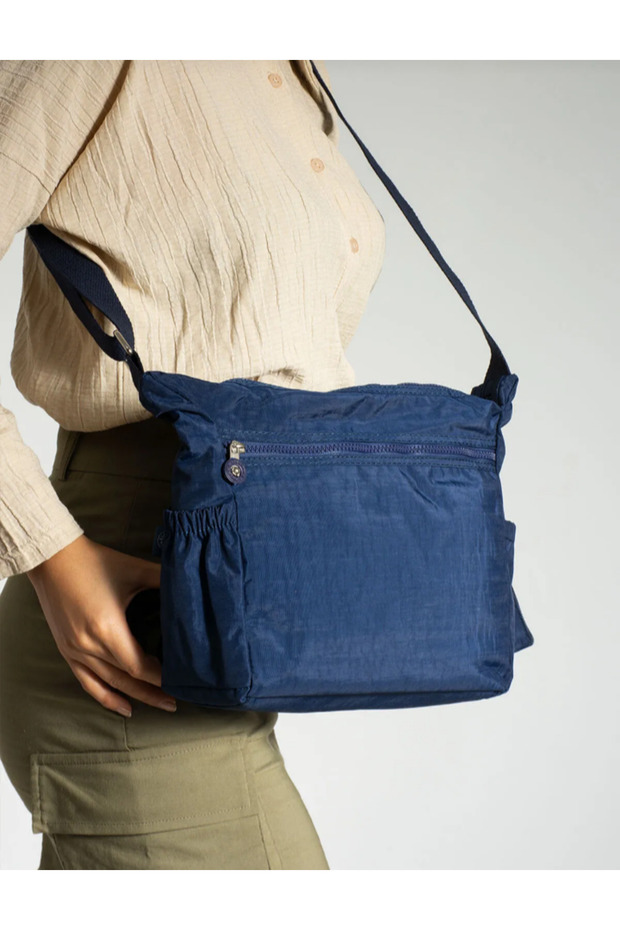 Dark Blue Crinker Fabric Multi-Compartment Shoulder Bag - 2