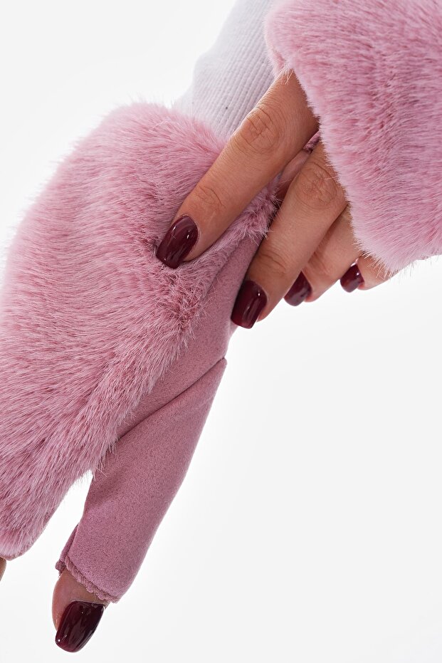 Pembe Peluş Kadın Eldiven - 5
