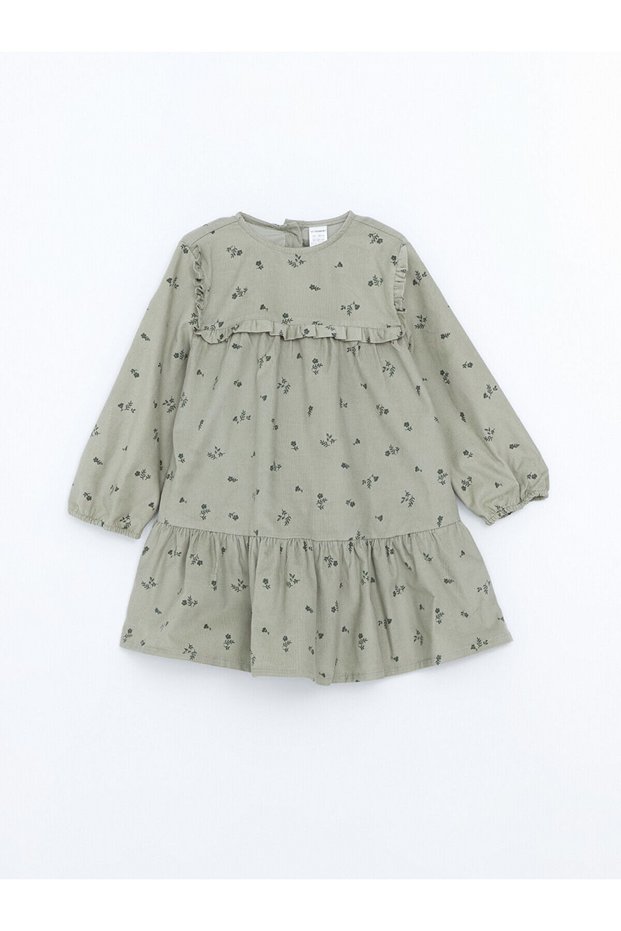 Green Crew Neck Baby Girl Floral Velvet Dress