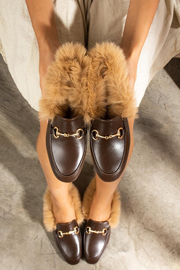 Linda Bitter Coffee Women's Flat Shoes with Fur Skin