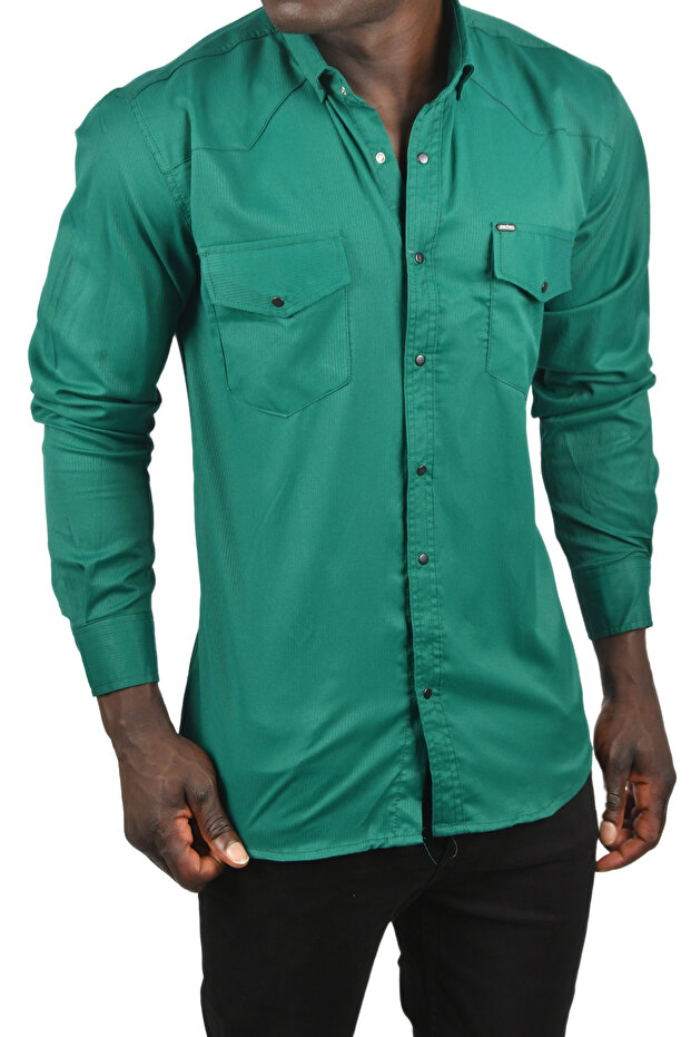 Men's Green Lycra Thin Corded Double Pocket Gabardine Shirt with Snap Fasteners 2300421