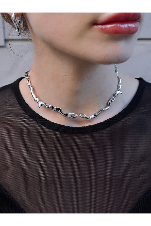 Soyut Şekilli Rodyum Choker Kolye - 7