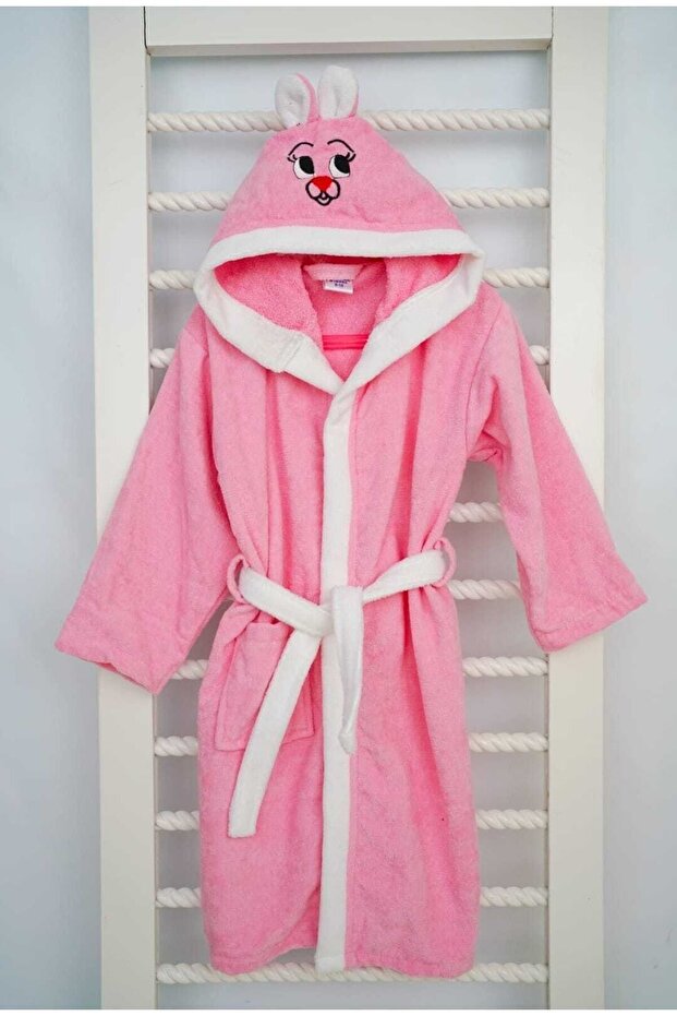 Mnsevtekstil - 7/8 Children's Bathrobe, 100% Cotton, Eared and Hooded, 3 Colors Embroidered