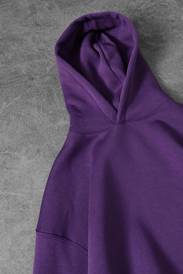 Erkek Mor Basic Kapüşonlu Oversize Sweatshirt - 2
