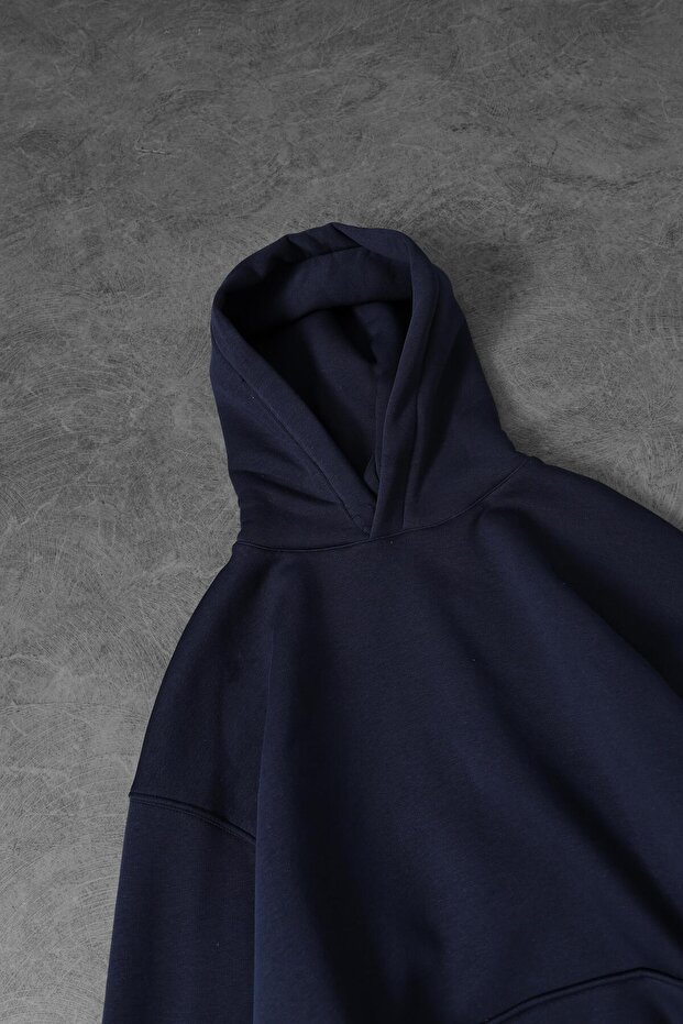 Erkek Lacivert Basic Kapüşonlu Oversize Sweatshirt - 2