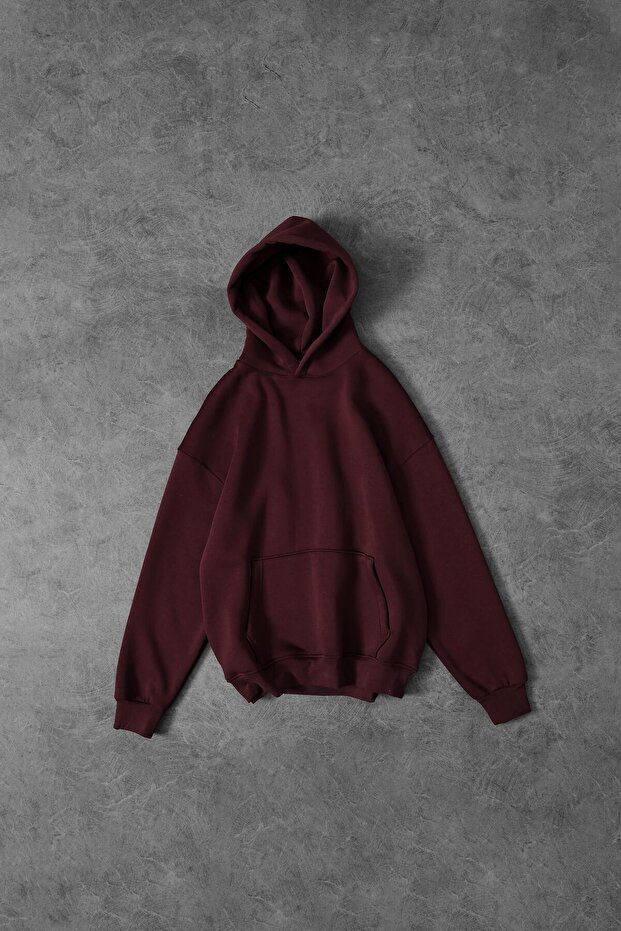 Erkek Bordo Basic Kapüşonlu Oversize Sweatshirt - 1