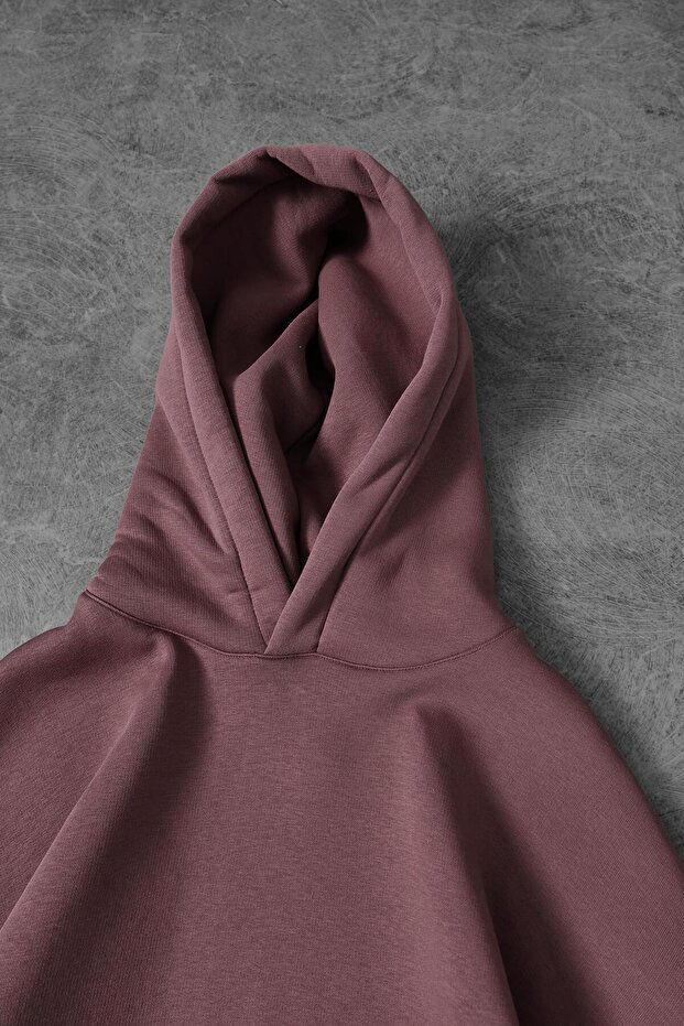 Erkek Mürdüm Basic Kapüşonlu Oversize Sweatshirt - 2