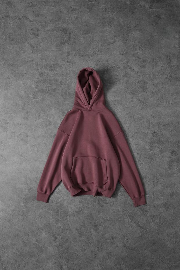 Erkek Mürdüm Basic Kapüşonlu Oversize Sweatshirt - 1