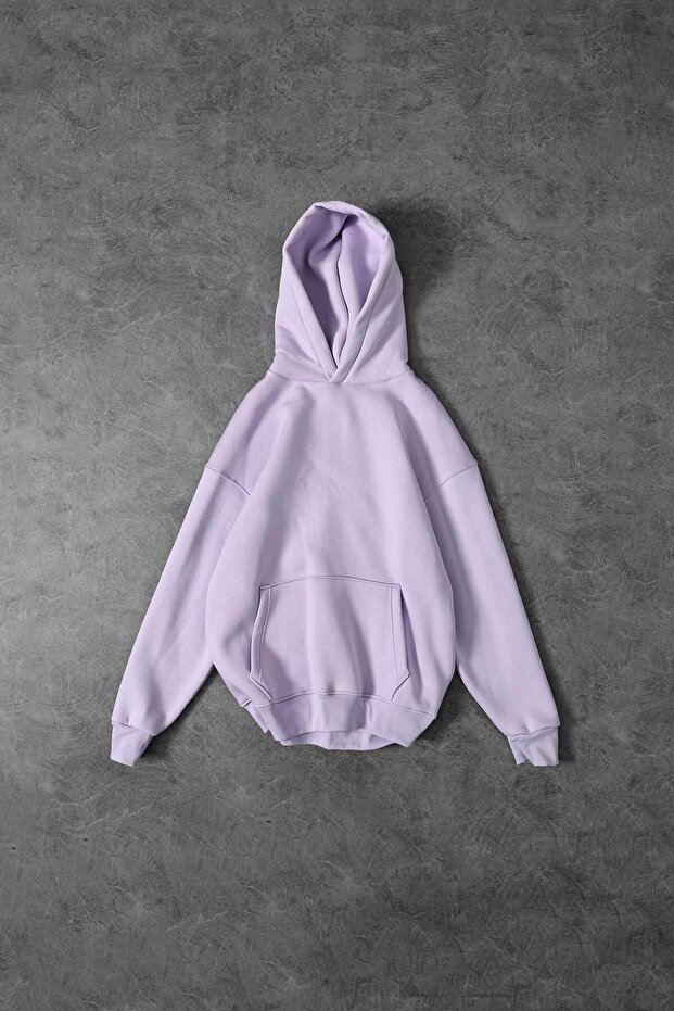 Erkek Lila Basic Kapüşonlu Oversize Sweatshirt - 1