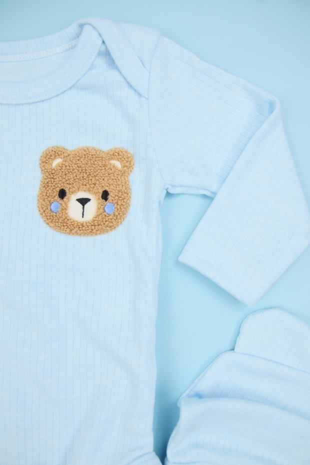 Sevimli Ayıcık Ve Kedi Nakışlı 3 lü Bebek Zıbın Takımı - 6