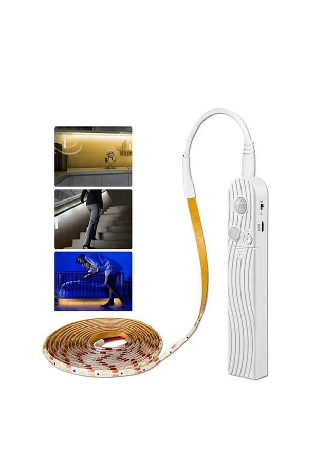 Hareket Sensörlü Pilli Led Gece Lambası Zamanlı Usb Şarjlı Dolap Yatak Altı Merdiven Aydınlatma 2m - 1