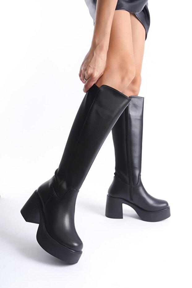 Lostar Black Stretch Back Flexible High Thick Platform Heeled Boots