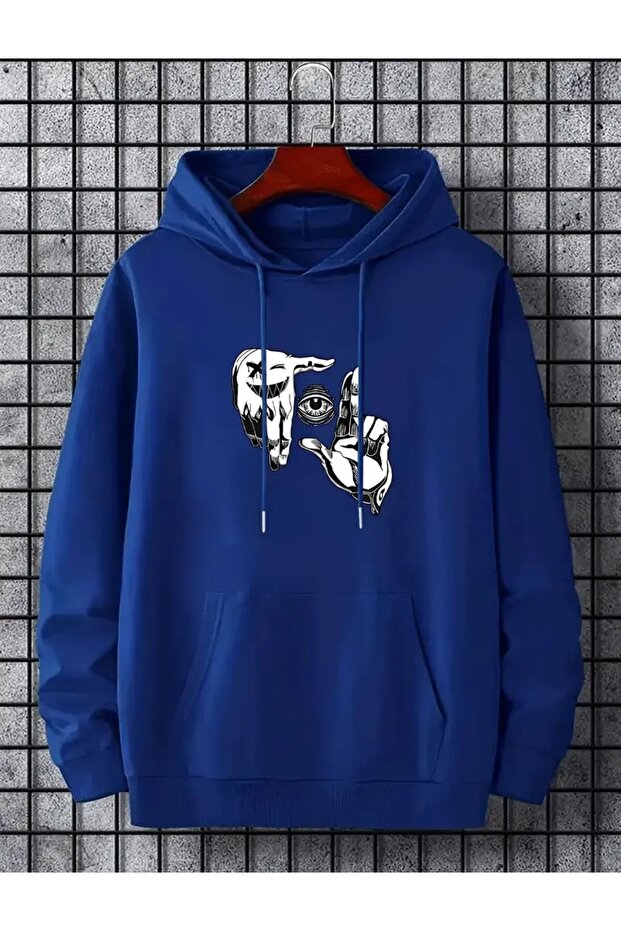 Eye Patterned Hooded Pocket Ribbed 2 Thread Sweatshirt