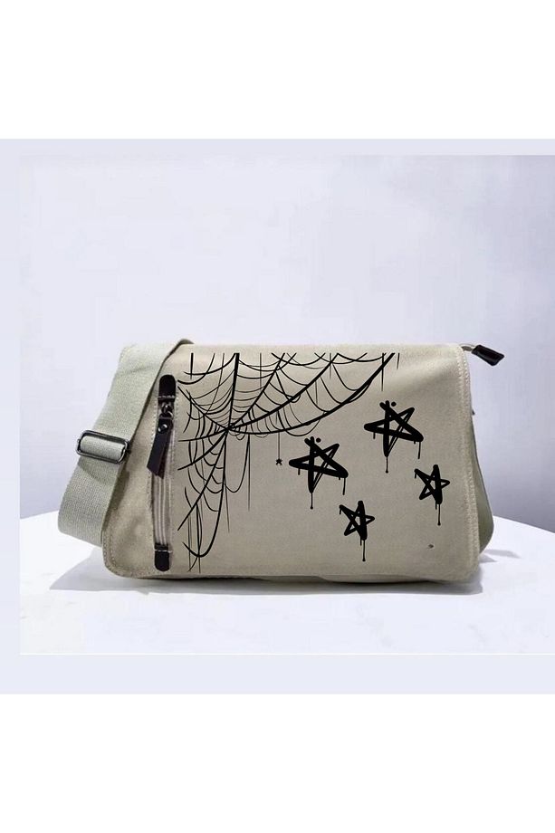 Gothic Web Baskılı Unisex Bej Postacı Çantası - 1