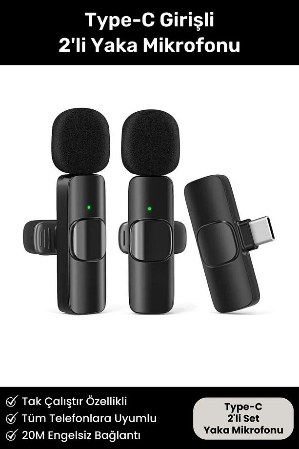 Type C Girişli Pro Model Kablosuz 2'li Yaka Mikrofonu Influencer Youtuber Tiktok 2 x Mini Mikrofon - 1