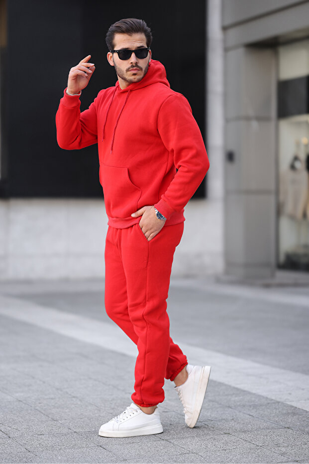 Men's Raised Comfortable Fit Elastic Leg Kangaroo Pocket Tracksuit Set - Casual