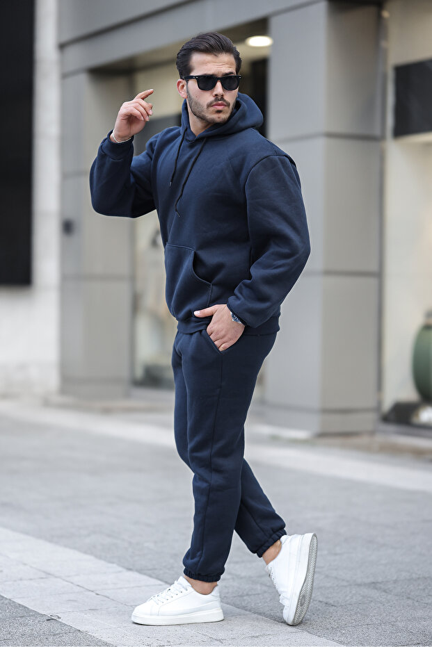 Men's Raised Comfortable Fit Elastic Leg Kangaroo Pocket Tracksuit Set - Casual