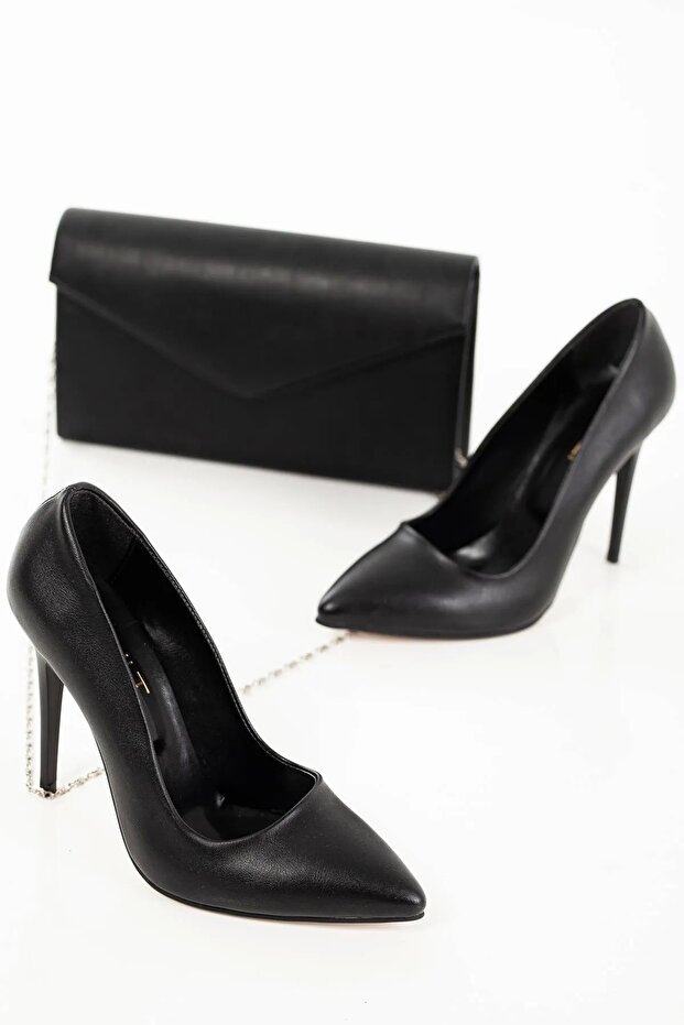 Women's Thin High Heels Stiletto and Bag Set Black Skin