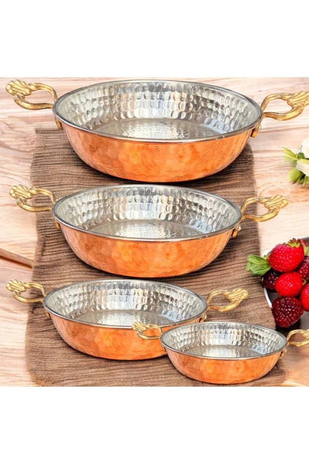 4’lü Bakır Çift Kulplu Kalın Sahan Tava 16-18-20-22 cm Set - 3