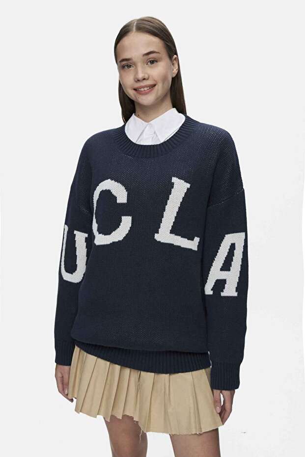 Limas Navy Blue Crew Neck 100% Cotton Jacquard Oversize Women's Knitwear