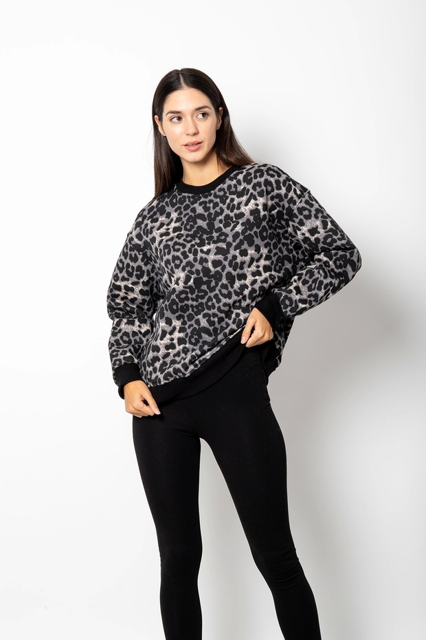 Leopard Patterned Gray Oversize Sweatshirt - 3