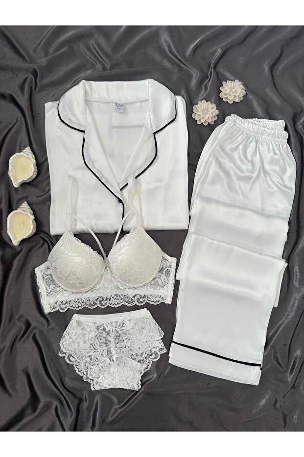 Women's Satin Button Moment 4-Piece Short Sleeve Pajamas Set Dowry