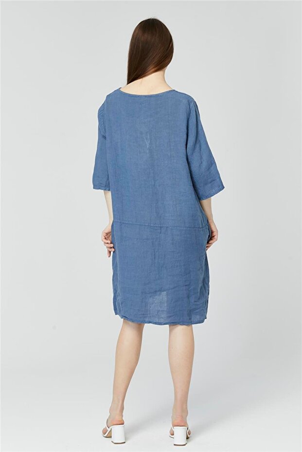 Tek Düğmeli Keten Elbise - 4