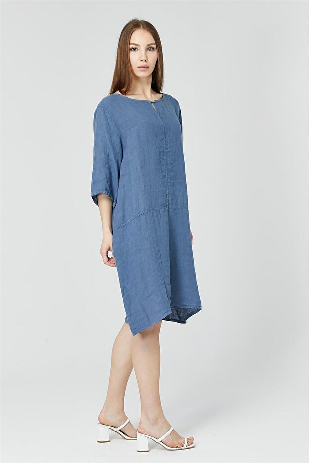 Tek Düğmeli Keten Elbise - 2