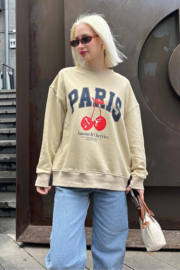 Bej Bisiklet Yaka Basic Sweatshirt MG2233 - 5