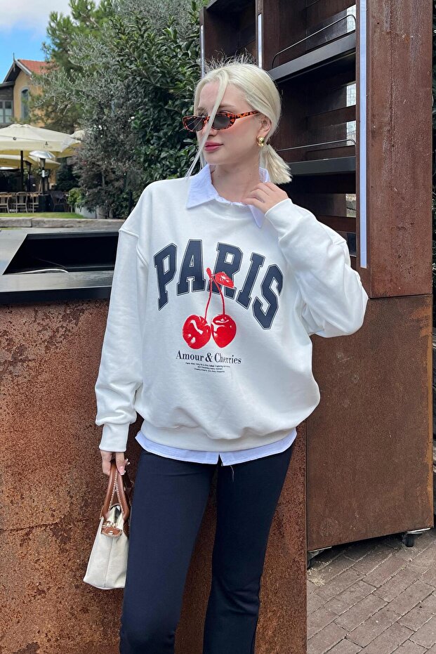 Beyaz Bisiklet Yaka Basic Sweatshirt MG2233 - 4