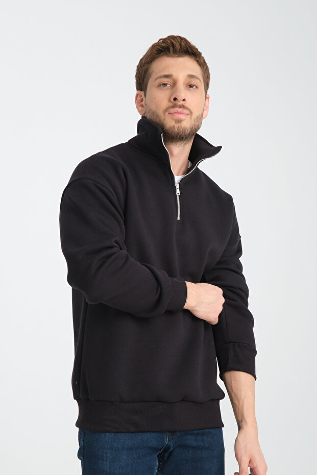 Men's Navy Blue Unisex Oversized Cotton Interior Fleece Wool Stand-Up Collar Half Zipper Sweat