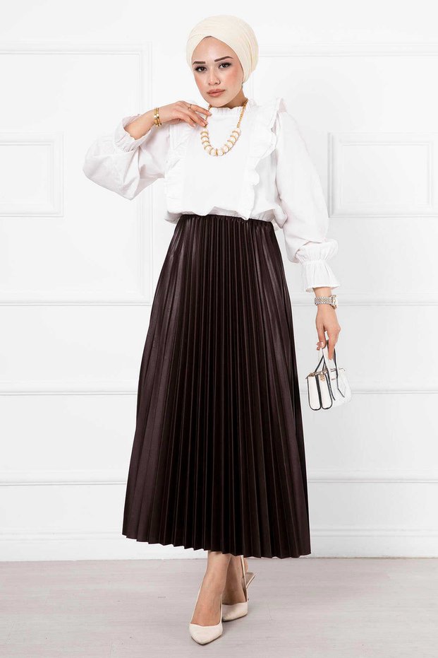 Thin Pleated Long Hijab Skirt Brown