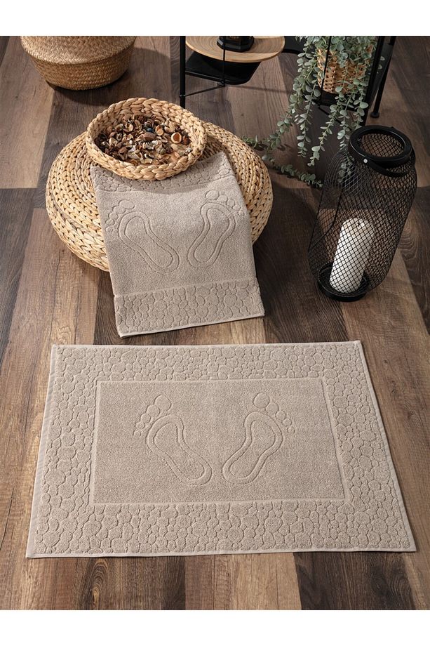 2'li Set Ayak Havlusu - %100 Pamuk Ayak İzli Havlu Takımı - Yüksek Su Emici - 50x70cm - Bej - 1
