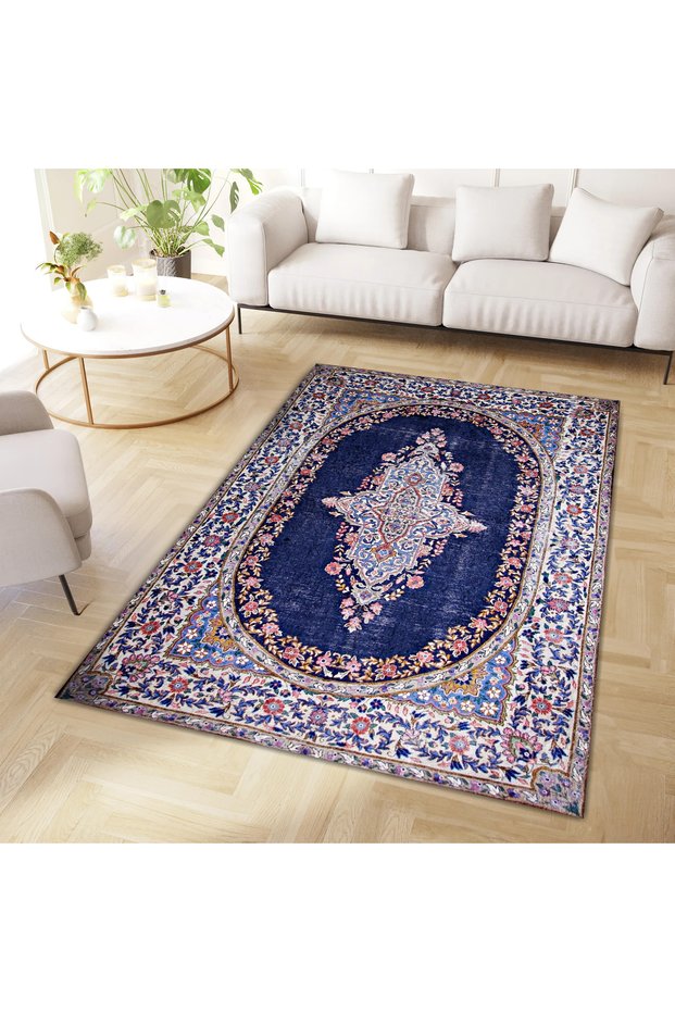 Mete Collection Navy Blue Themed Traditional Motif Bohemian Style Patterned Vintage Decorative Carpet 13