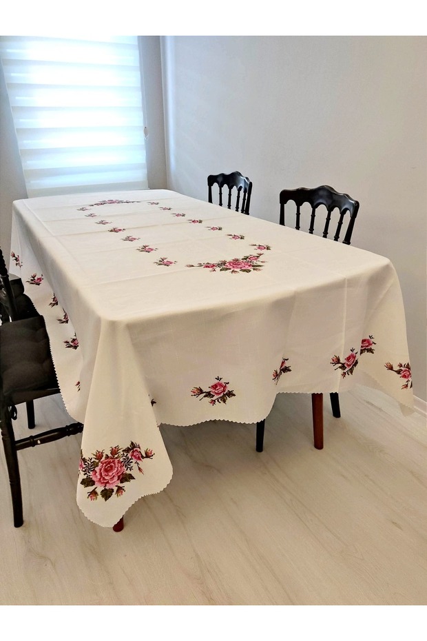 Pink Flowered Canavize Printed Table Cloth - 1
