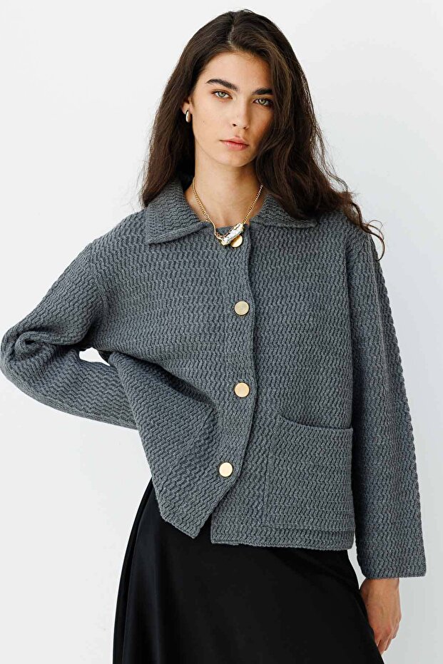 Shirt Collar Buttoned Anthracite Cardigan