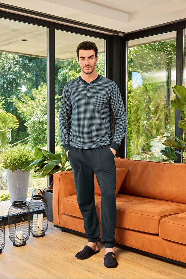 Aydoğan Men's Wide-Fit Long-Sleeved Two-Thread Cotton Pajamas Set Square Pattern Navy Blue