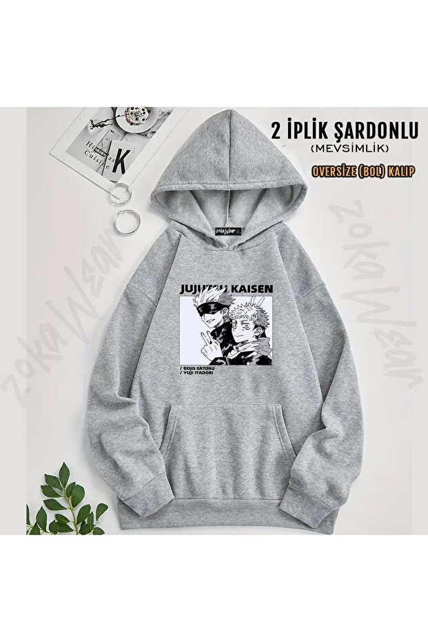 Jujutsu Kaisen Yuji Itadori and Gojo Printed Hooded Oversize Sweatshirt (2 Thread)