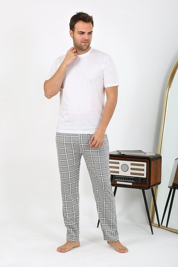 Erkek Ekoseli Desen Penye Tek Alt Pijama 27540 Gri - 5
