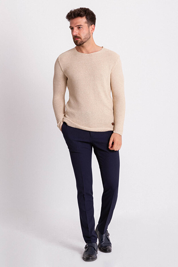 Knitted Patterned Slim Fit Wide Collar Long Sleeve Lase Men's Knitwear Sweater Beige - 11155.18Y