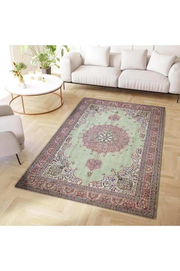 Mete Collection Green and Pink Tones Traditional Motif Patterned Vintage Decorative Carpet 36