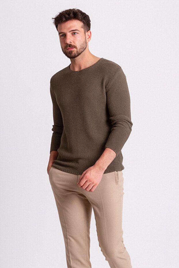 Knitted Patterned Slim Fit Wide Collar Long Sleeve Lase Men's Knitwear Sweater Khaki - 11155.18Y