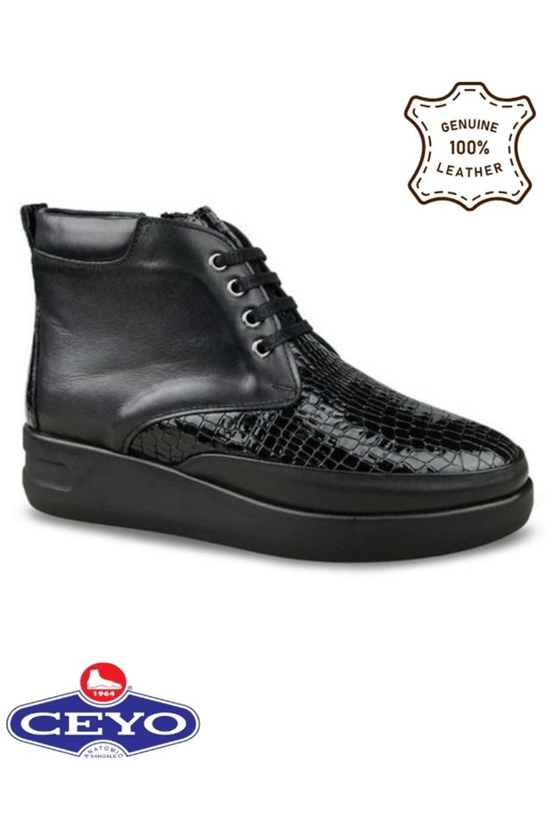 0201 Black Genuine Leather Lace-Up and Zippered Non-Slip Women's Boots