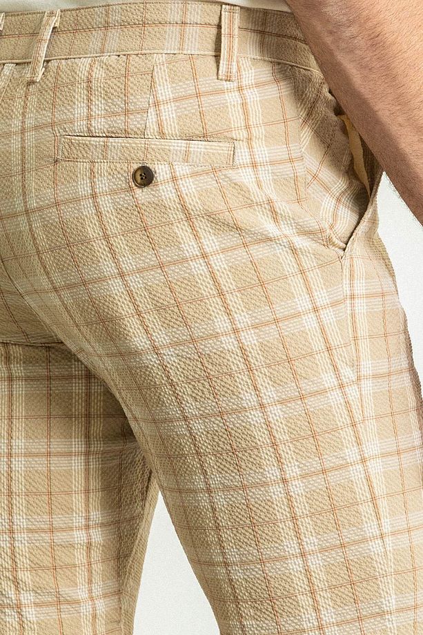 Ekoseli Bej Rengi Super Slim Fit Erkek Şort - 3